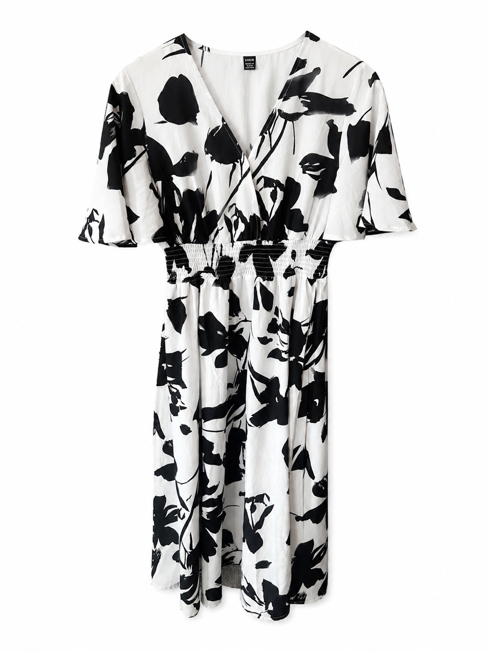 SHEIN Black & White Abstract Floral Smocked Midi Dress-Women’s Large